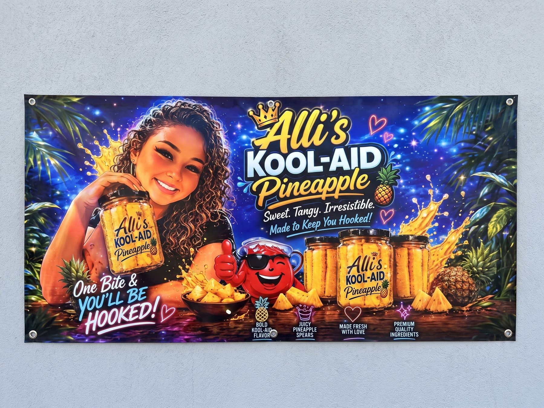 Alli's Kool-Aid Pineapple banner hanging flat on a wall, the owner's portrait on the left, the jars photographed on the right and a row of four claims along the bottom edge