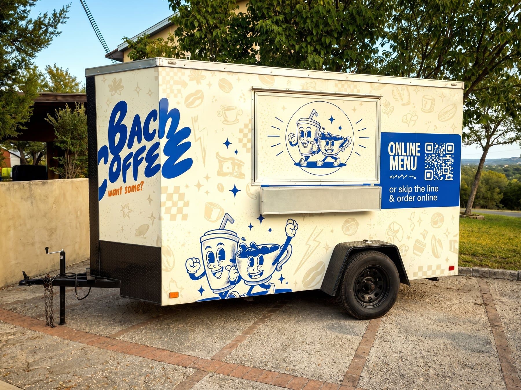 Bach Coffee trailer wrapped on a cream base printed with coffee icons, the blue Bach Coffee script across the side, the cartoon cup and mug characters below it and an online menu panel beside the serving window