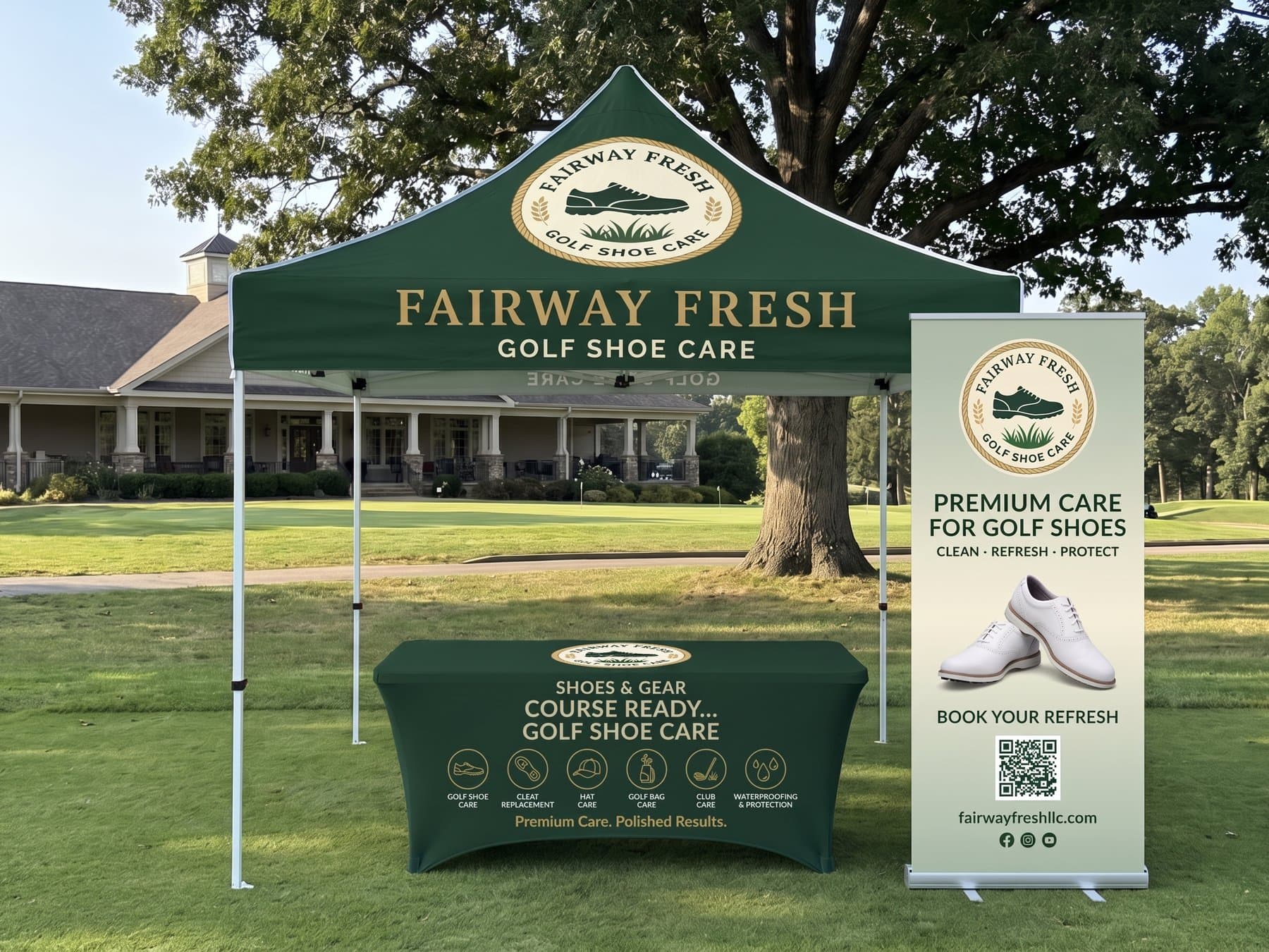Fairway Fresh canopy, fitted table cover and retractable banner set up together on the grass beside the clubhouse, all printed on the same deep green