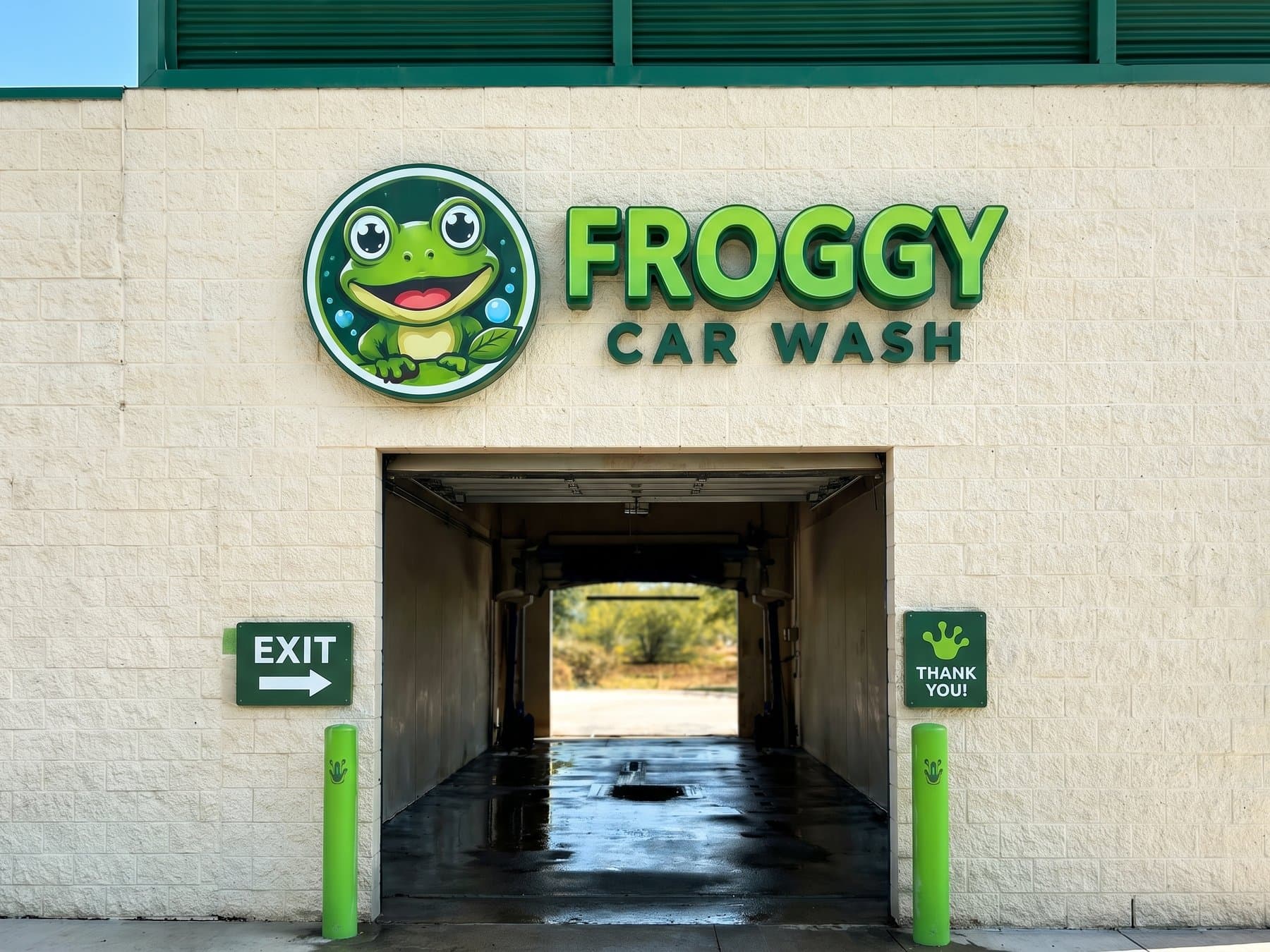 Froggy Car Wash channel letters and the round frog logo centered on the block wall above the tunnel entrance in full sun, with the green Exit and Thank You panels either side of the opening
