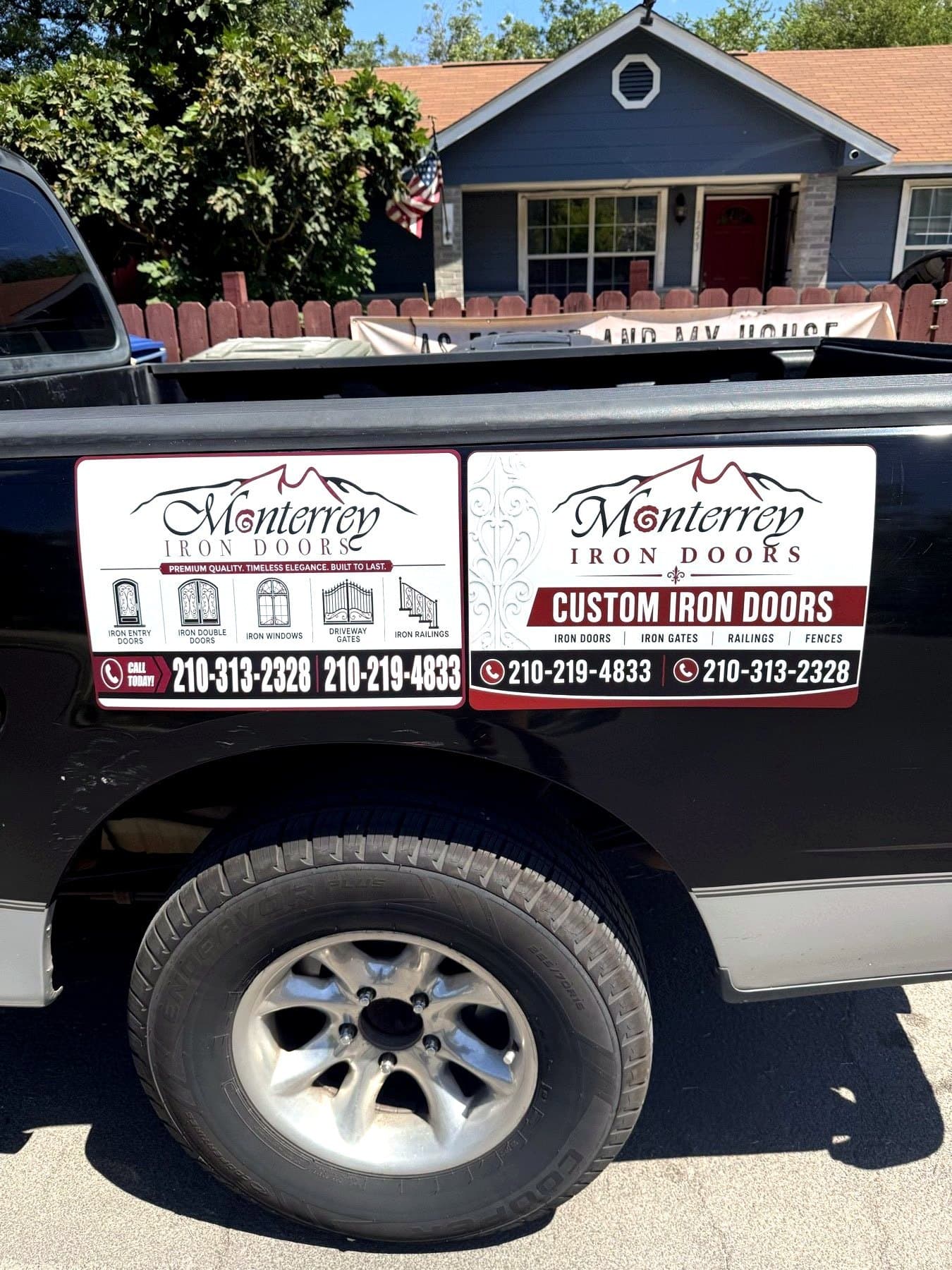 On-site photo of both Monterrey Iron Doors magnet layouts on the truck in the driveway