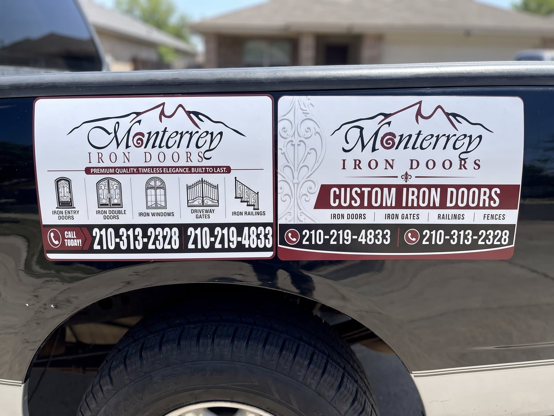 Two Monterrey Iron Doors magnet layouts placed side by side on the side of a dark pickup, one running product icons across the bottom and the other setting Custom Iron Doors in a red bar