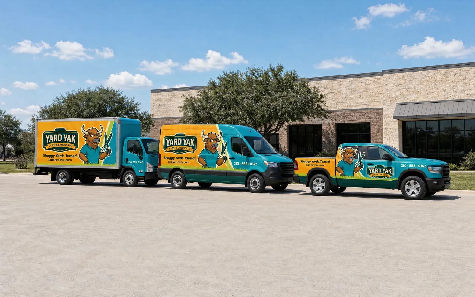 Illustration of fleet graphics for a sample lawn care company: a box truck, a high-roof cargo van and a crew-cab pickup parked in a row, all three wrapped in the same teal and gold design with the same yak mascot, logo badge and phone number