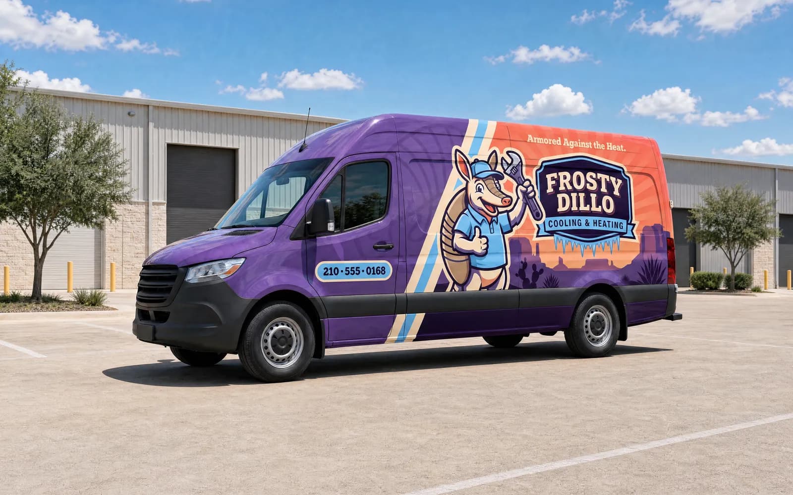 Illustration of a full wrap on a high-roof cargo van for a sample air conditioning company: every painted panel is covered, with a purple cab, a desert sunset scene, an armadillo mascot and a logo badge along the side