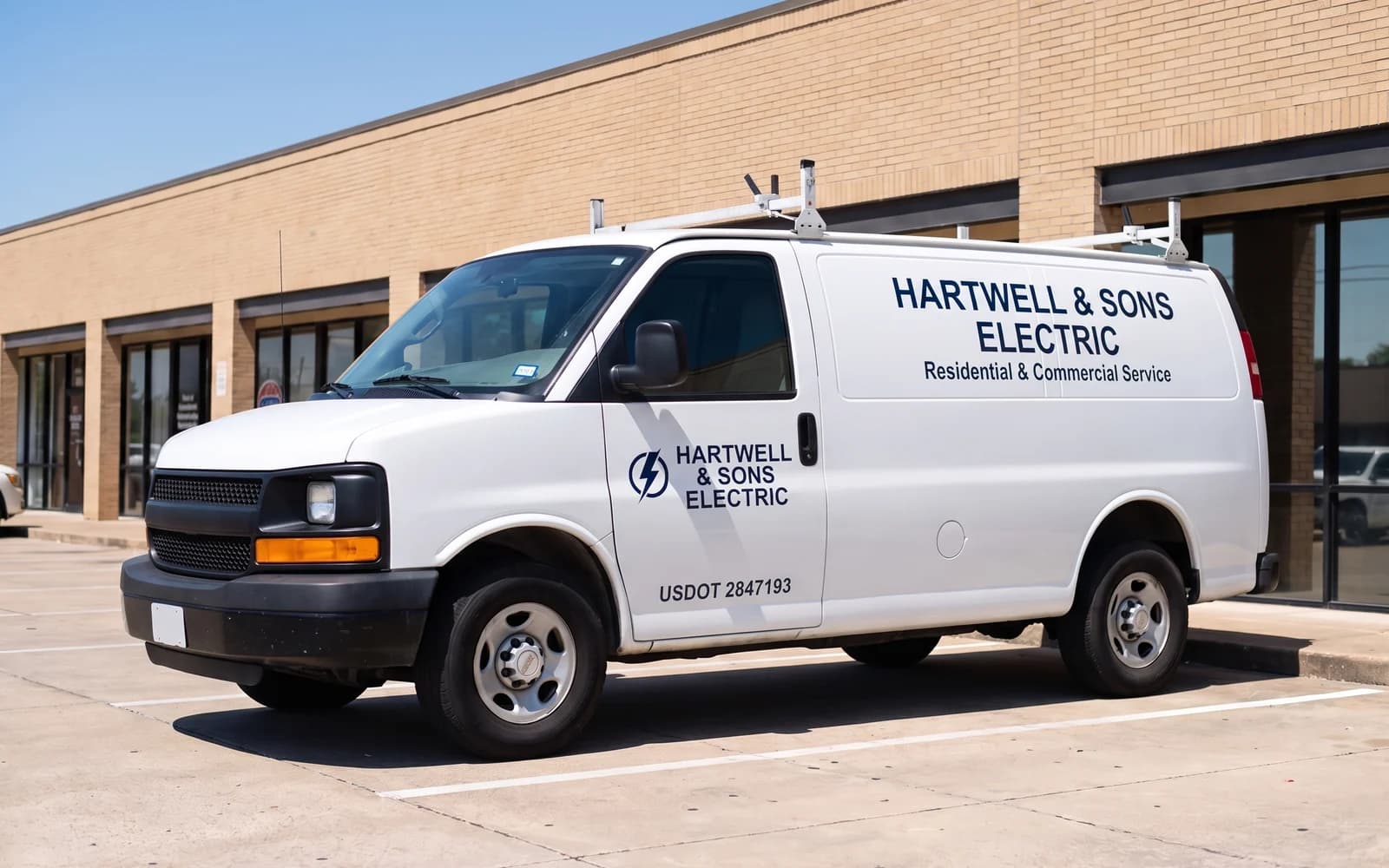 Illustration of a white cargo van with only cut vinyl lettering for a sample electrical company: a name, a service line and a USDOT number on bare factory paint