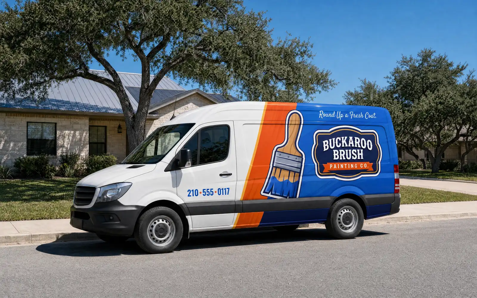 Illustration of a partial wrap on a white cargo van for a sample painting company: printed blue and orange graphics with a giant paintbrush and a logo badge cover the rear half, and the hood, cab and front of the van stay bare factory white paint with only a phone number