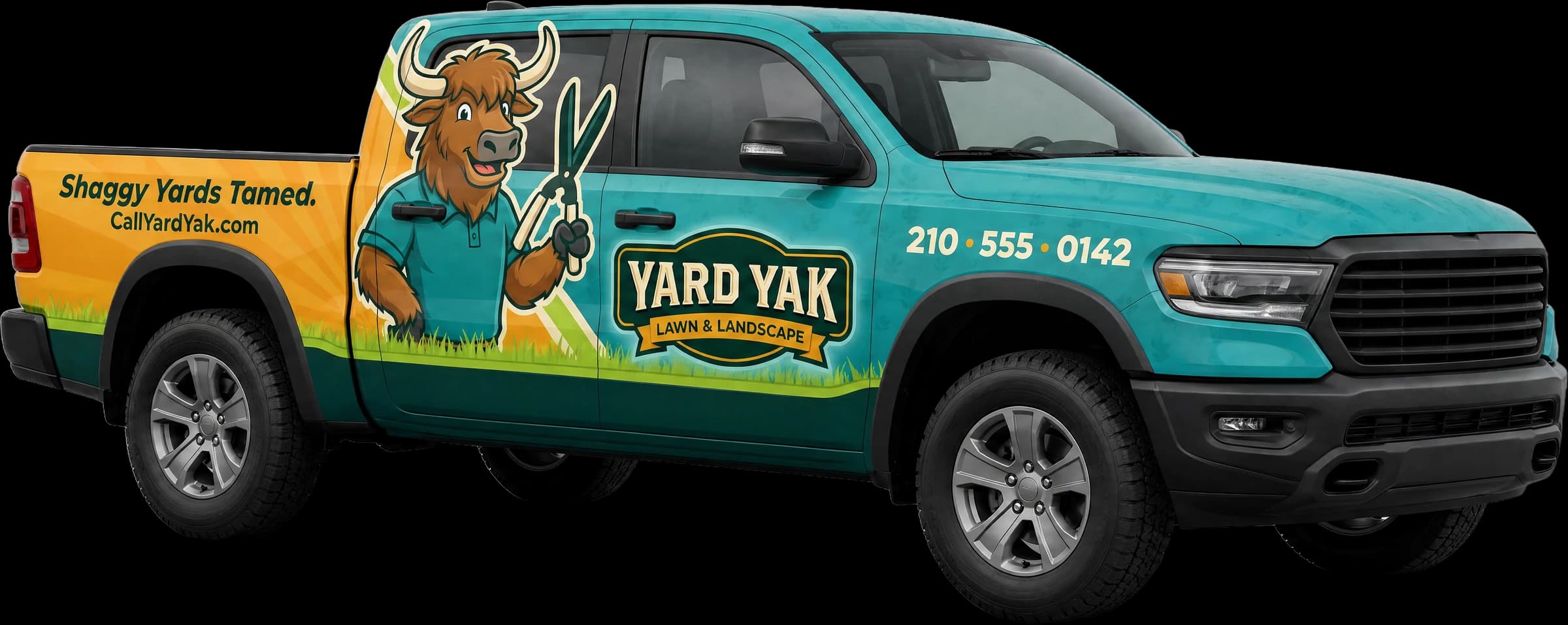 Illustration of a pickup truck with a full printed wrap for a sample landscaping company