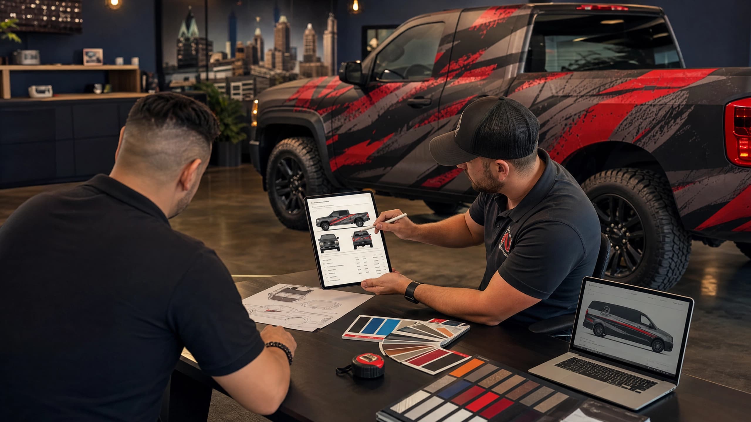 Installer preparing a partial vehicle wrap panel for application