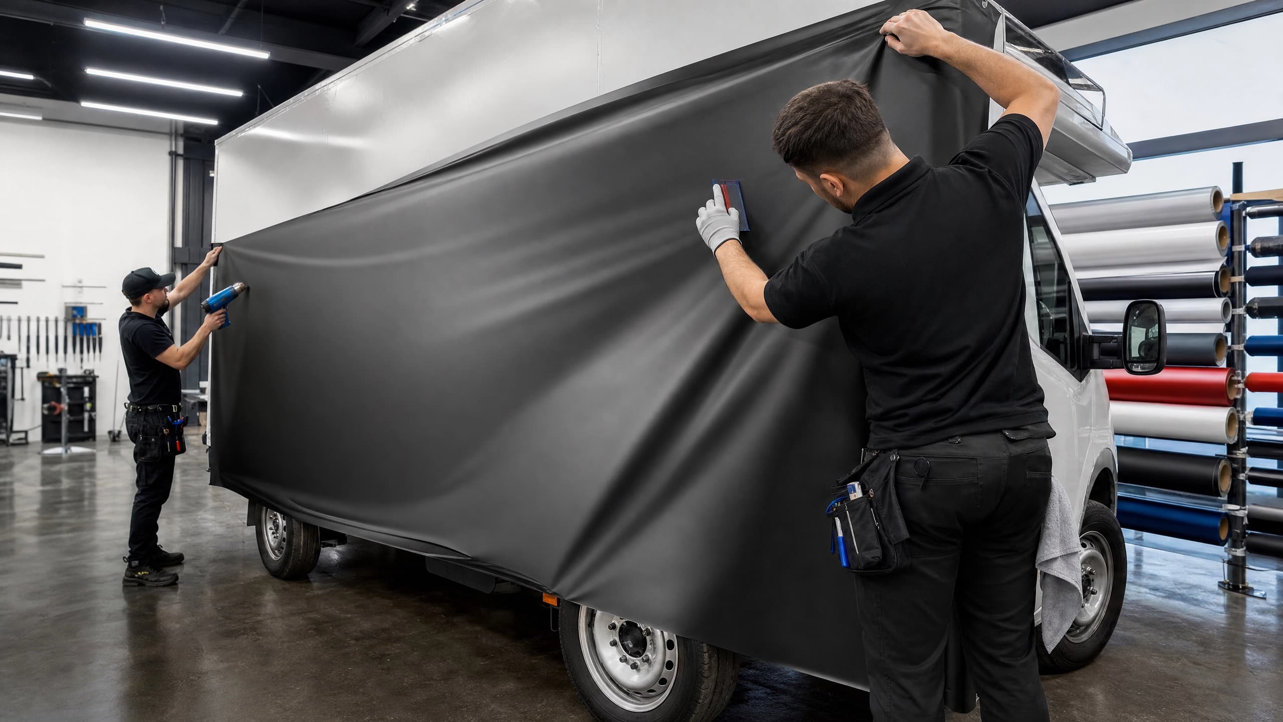 Professional installer applying a full vehicle wrap panel