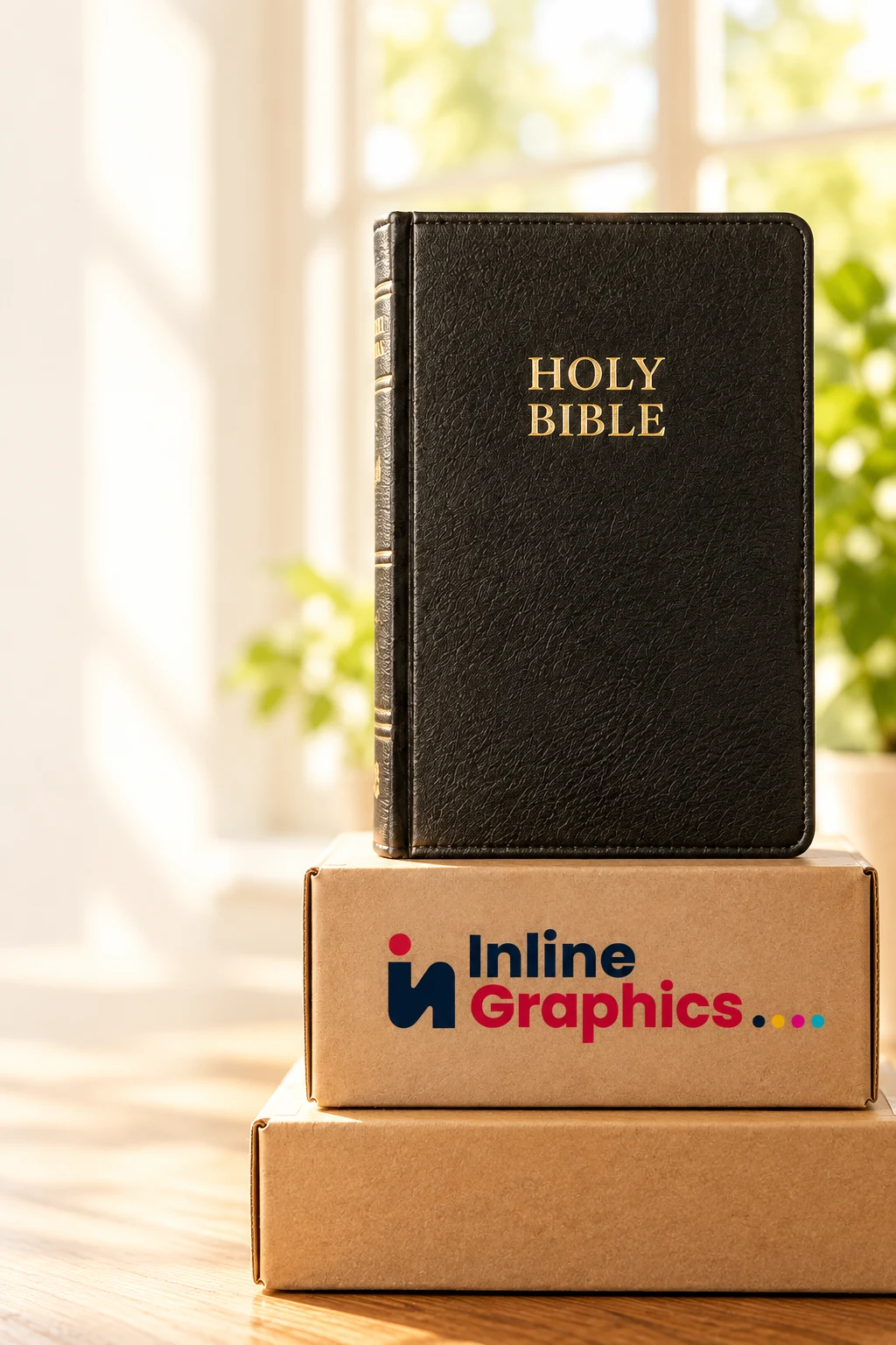 An upright Bible displayed on Bible Bank shipping boxes