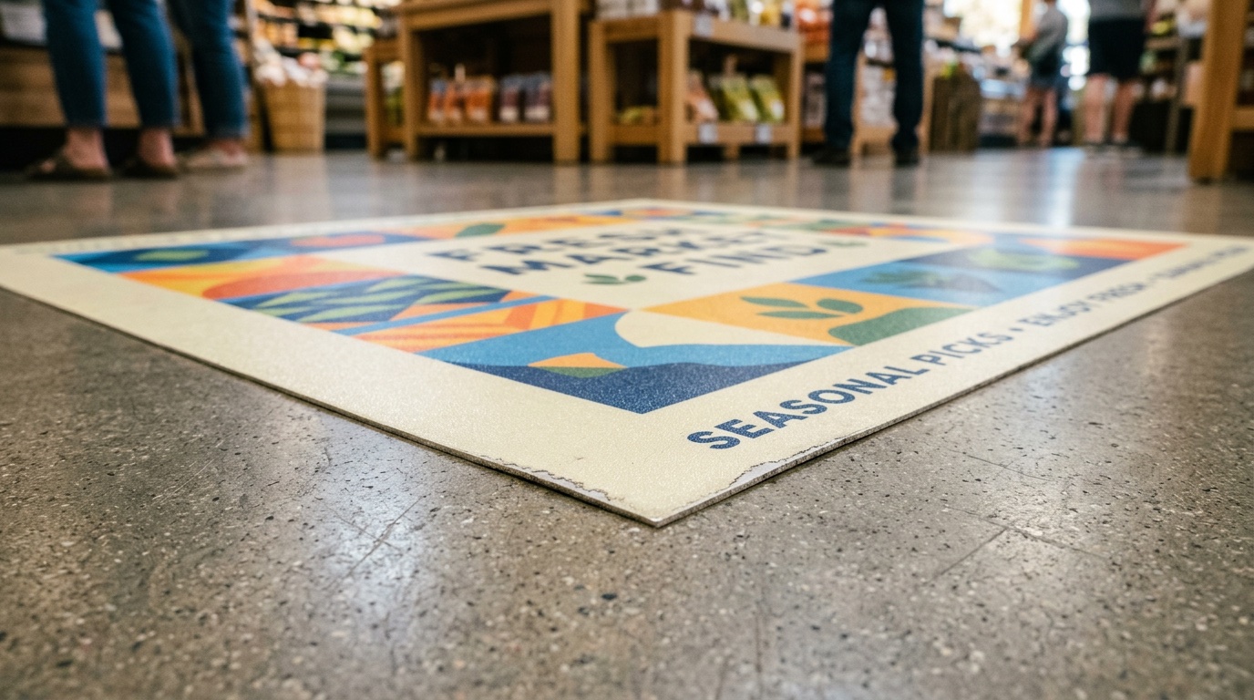 Close-up of the corner of a printed vinyl floor decal showing the non-slip laminate and sharp die-cut edge