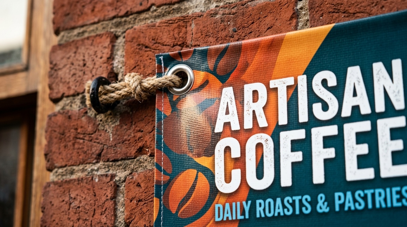 Close-up of a vinyl banner showing the sharp print resolution, color transitions, and grommeted corner
