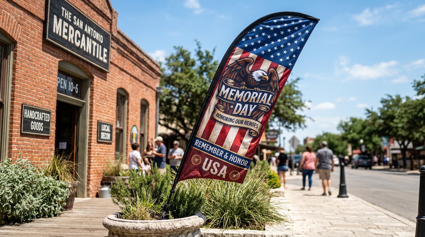 Patriotic Memorial Day feather flag waving outside a San Antonio business in bright sunshine