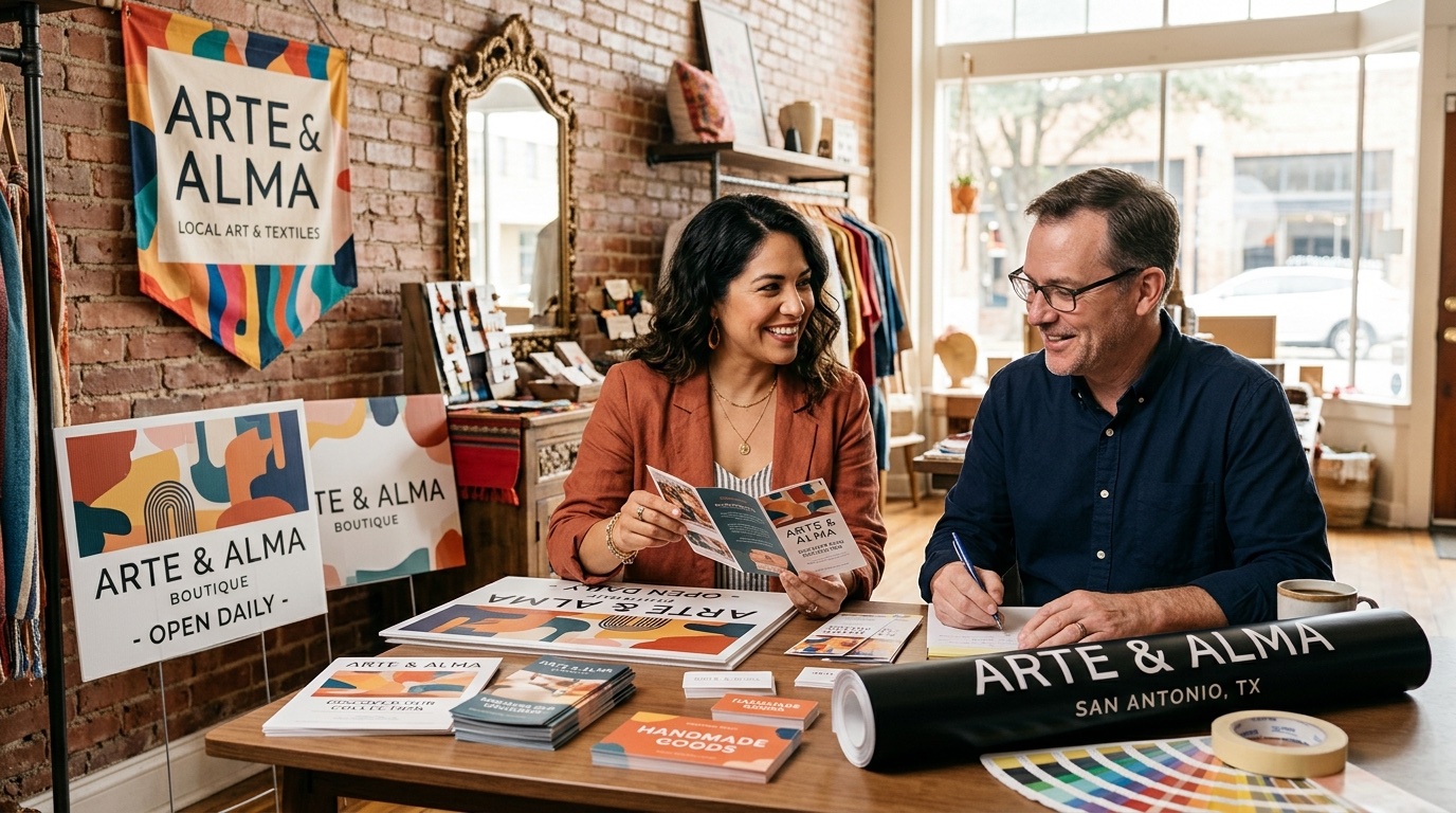 Small business owner reviewing printed signage samples with a print shop sales rep