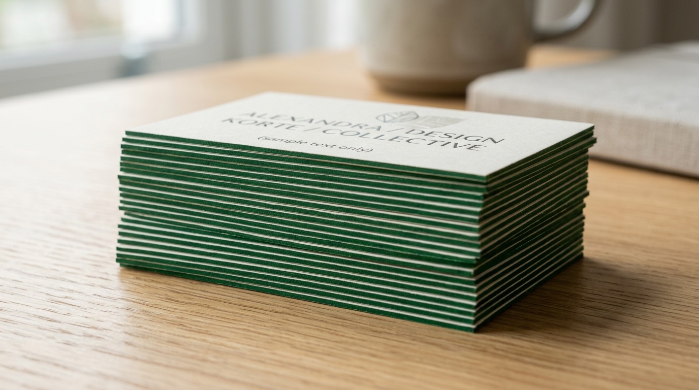 Close-up of stacked premium printed business cards showing the thickness of the card stock and finish quality