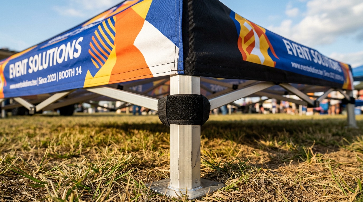 Close-up of a printed canopy tent corner showing the aluminum frame leg and dye-sublimation fabric detail