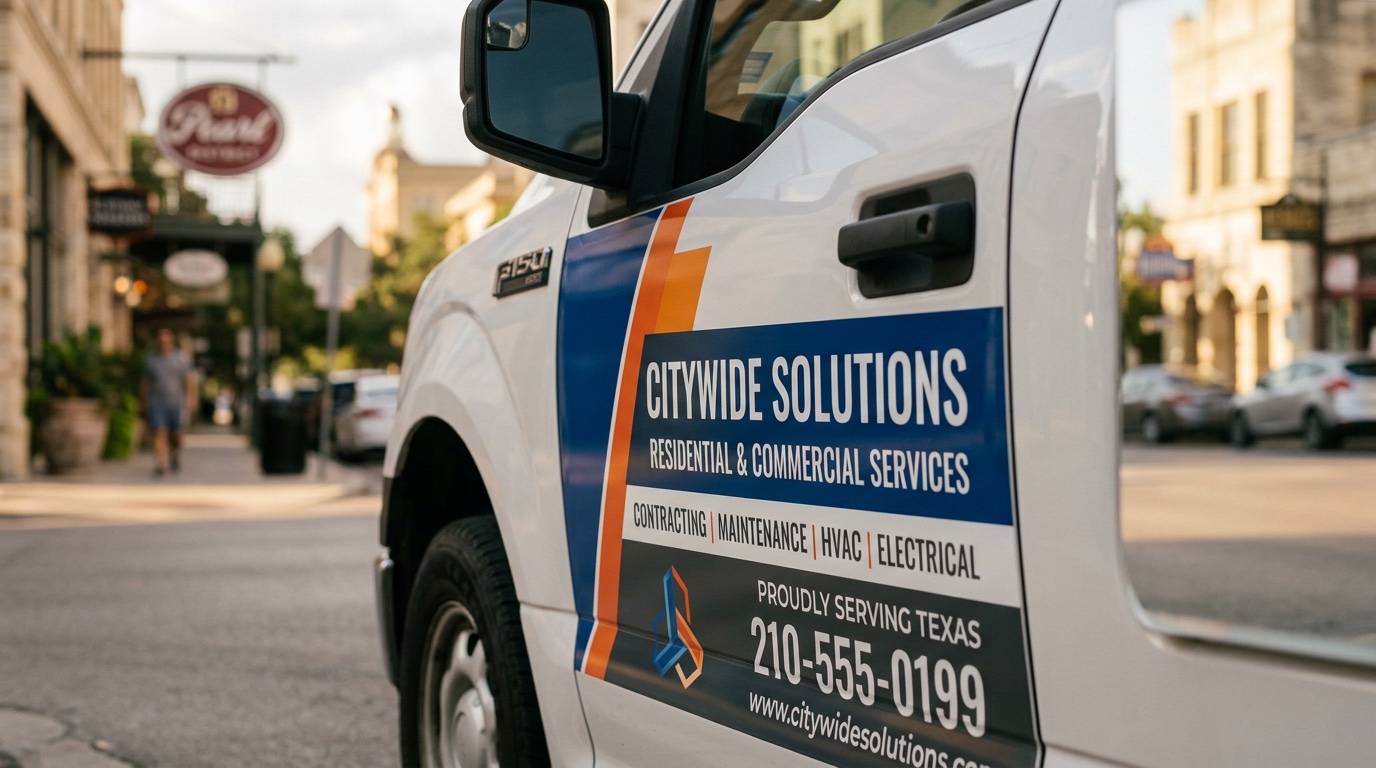 Close-up of professionally applied full-color vinyl decal graphics on a service vehicle door
