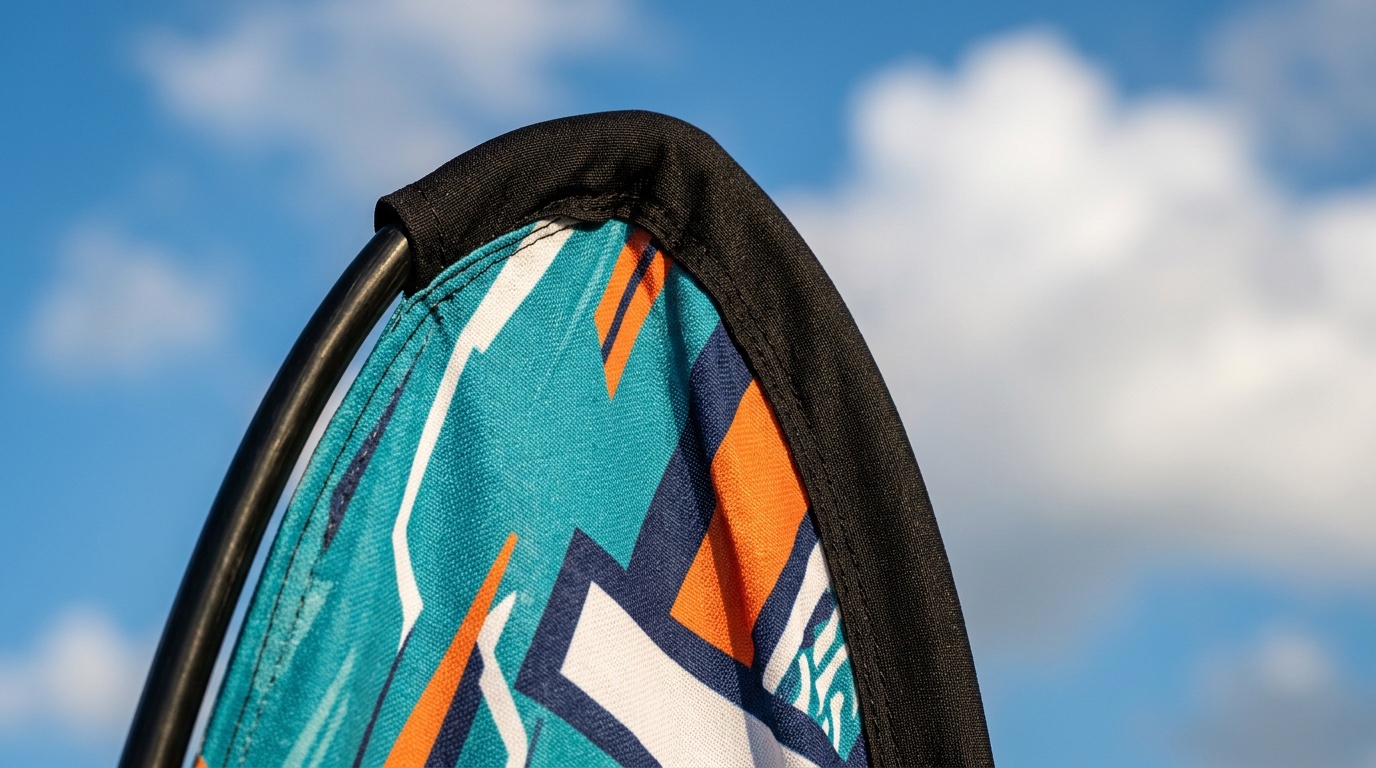 Close-up of a printed feather flag showing the dye-sublimation fabric texture and fiberglass pole sleeve