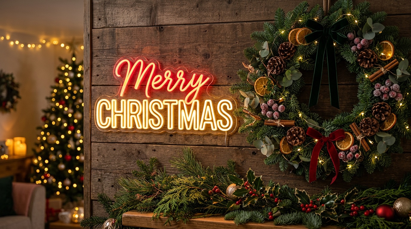 LED neon Christmas sign glowing next to a fresh evergreen wreath and pine boughs