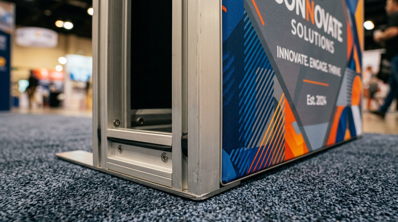 Close-up of the silicone-edge graphic and aluminum frame on a tension-fabric pop-up display