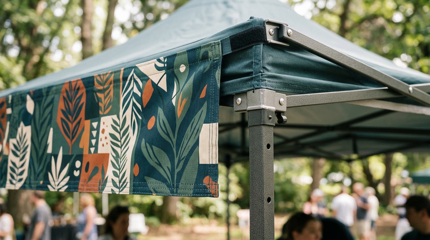 Close-up of a printed canopy tent valance and aluminum frame leg showing detail of the dye-sublimation print