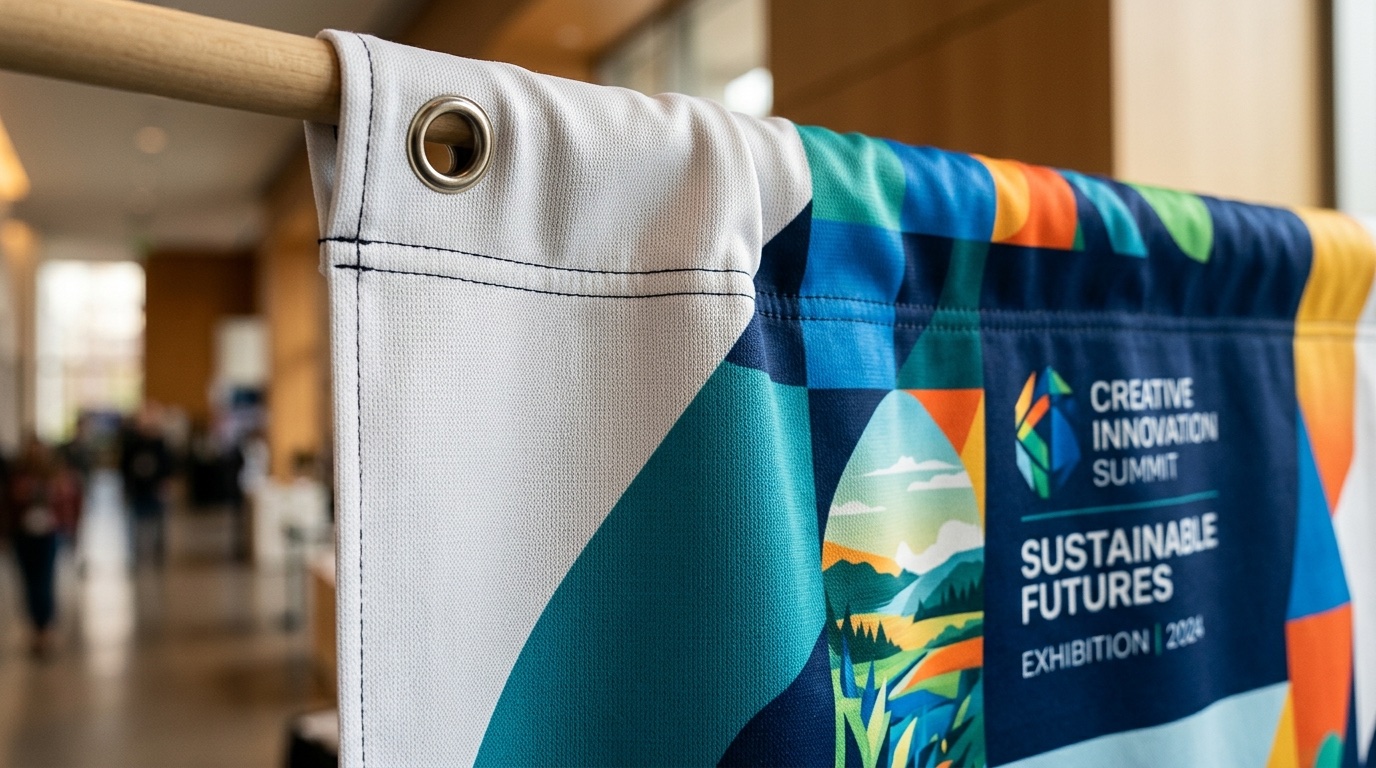 Close-up of woven polyester fabric banner texture showing the sewn pole pocket and dye-sublimation print quality