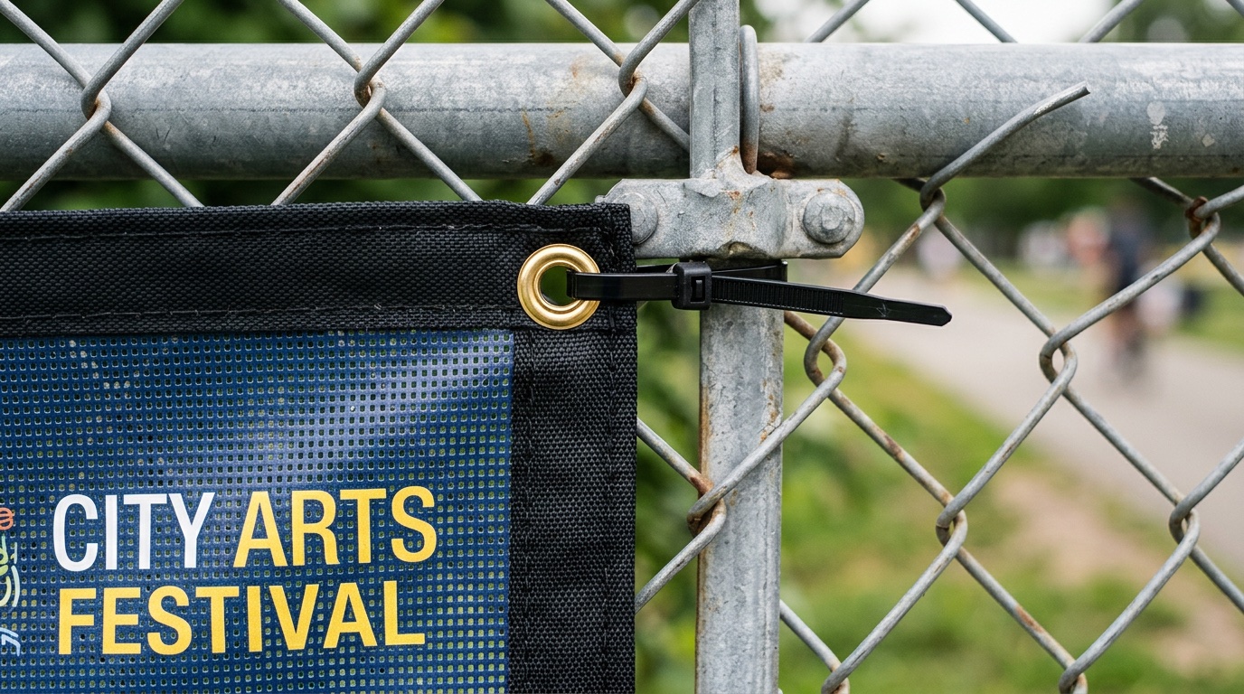 Close-up of a mesh fence banner zip-tied to a chain-link fence showing perforations and grommet detail