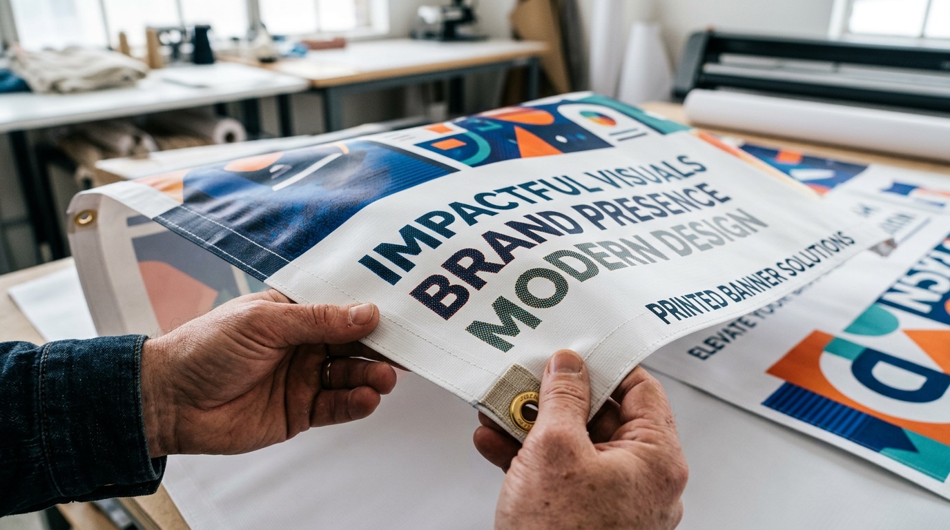 Designer's hands holding the edge of a printed vinyl banner inspecting print resolution and color accuracy