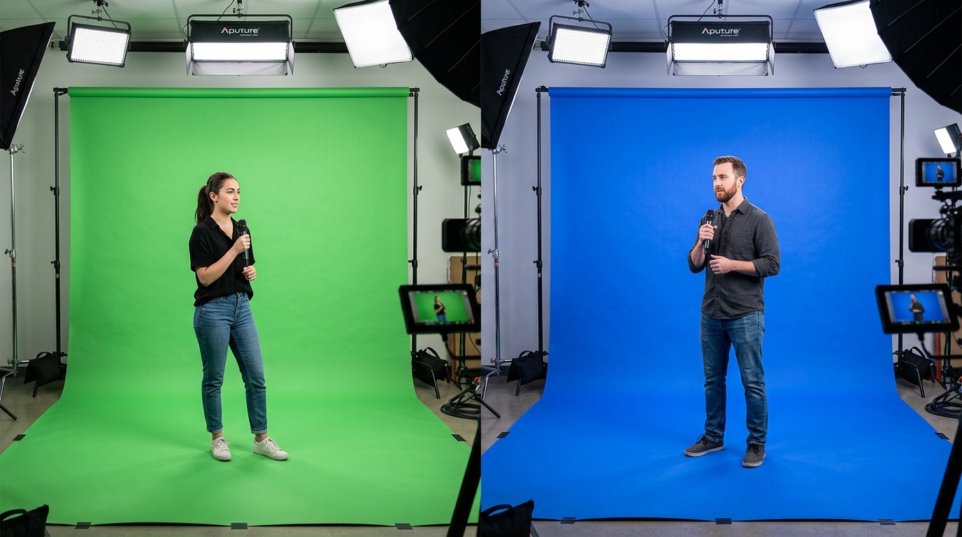 Side-by-side comparison of green and blue chromakey backdrops in a video production studio setup