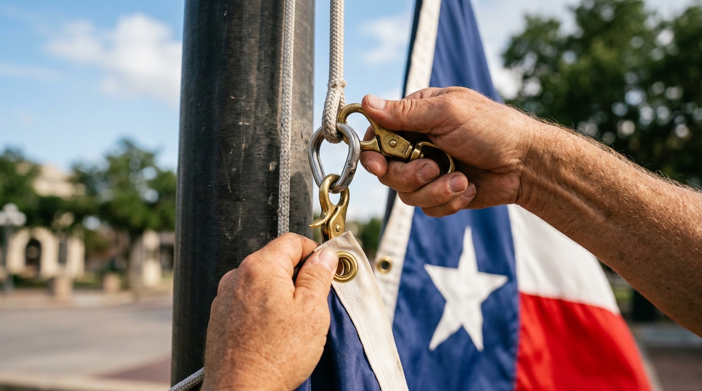 Close-up of hands clipping a flag's brass snap hooks onto the flagpole halyard rings