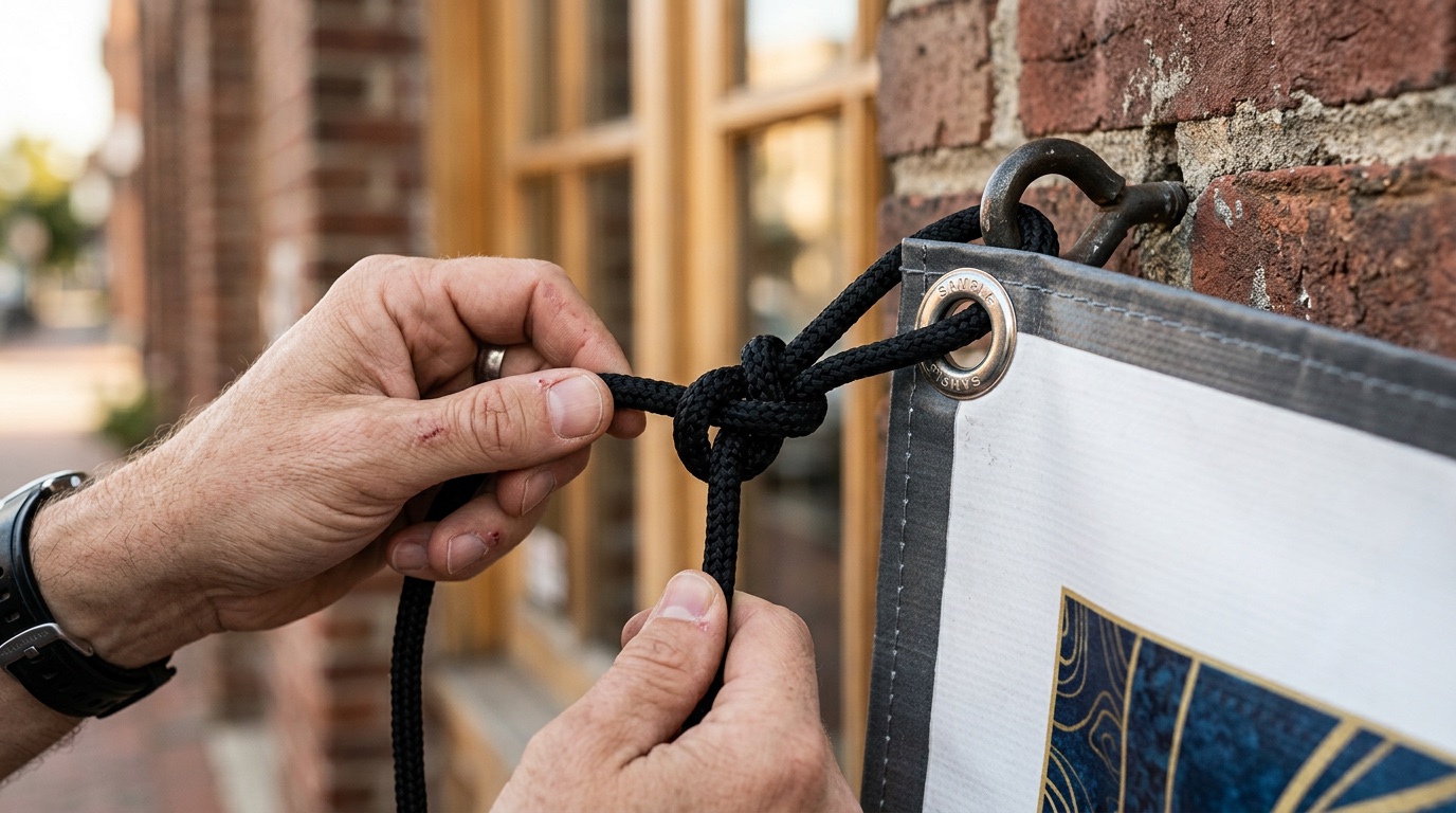 Close-up of hands threading rope through a grommet to tie a vinyl banner to a brick storefront