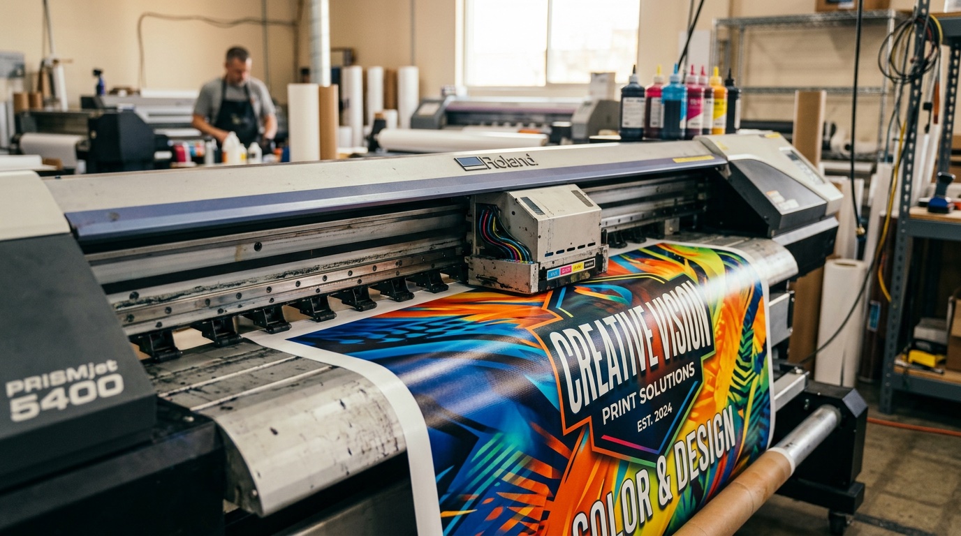 Wide-format printer feeding a vinyl banner with vibrant ink saturation freshly emerging from the machine