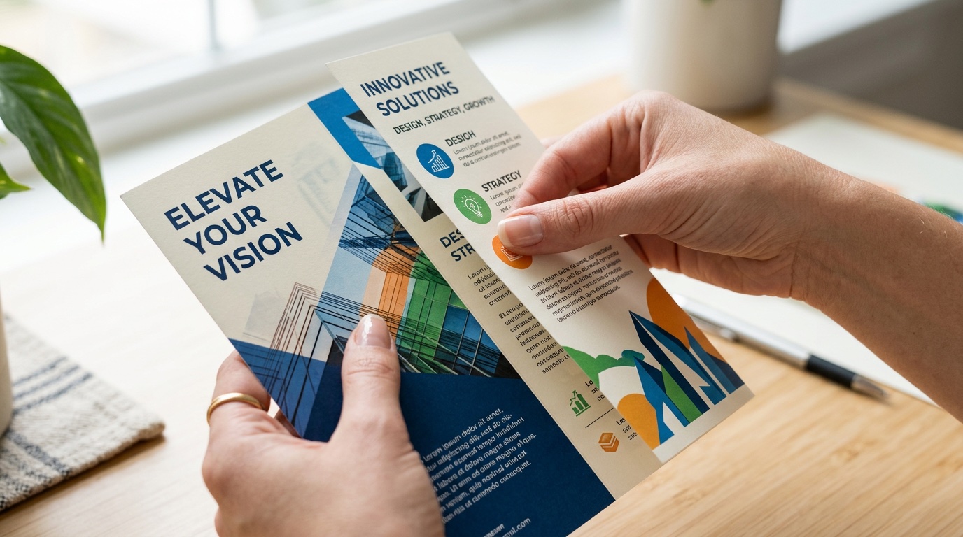 Close-up of a tri-fold brochure being folded along the score lines showing crisp folds and premium paper stock