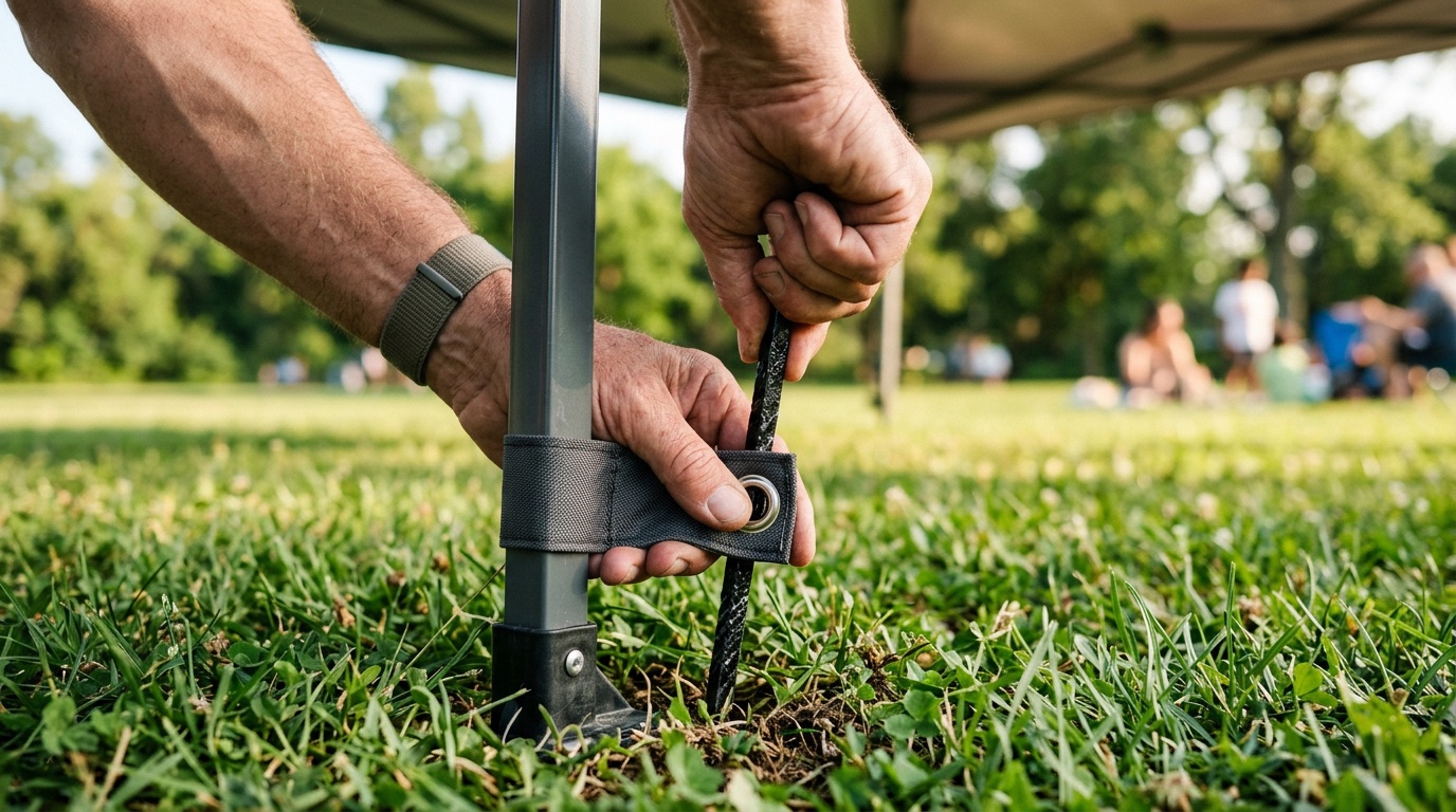 Close-up of hands driving a ground stake through a canopy tent's leg base to secure it against wind