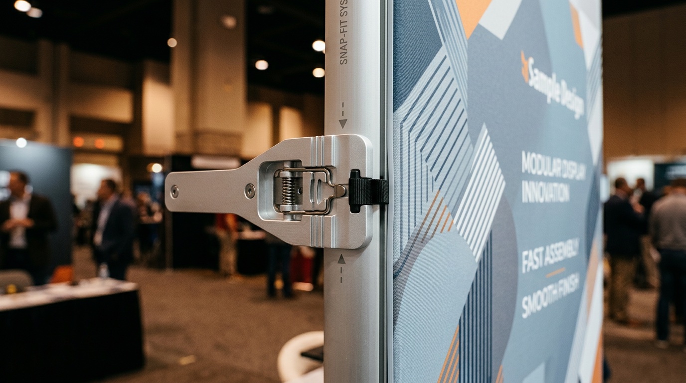 Close-up of snap-together aluminum hardware on a portable display shelf showing the printed graphic panel