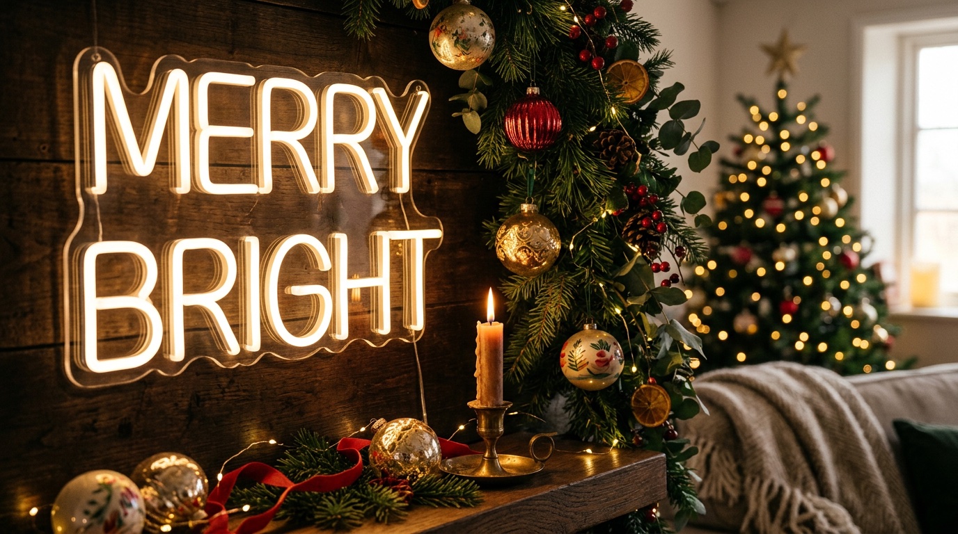 LED neon sign glowing next to traditional Christmas ornaments and a garland