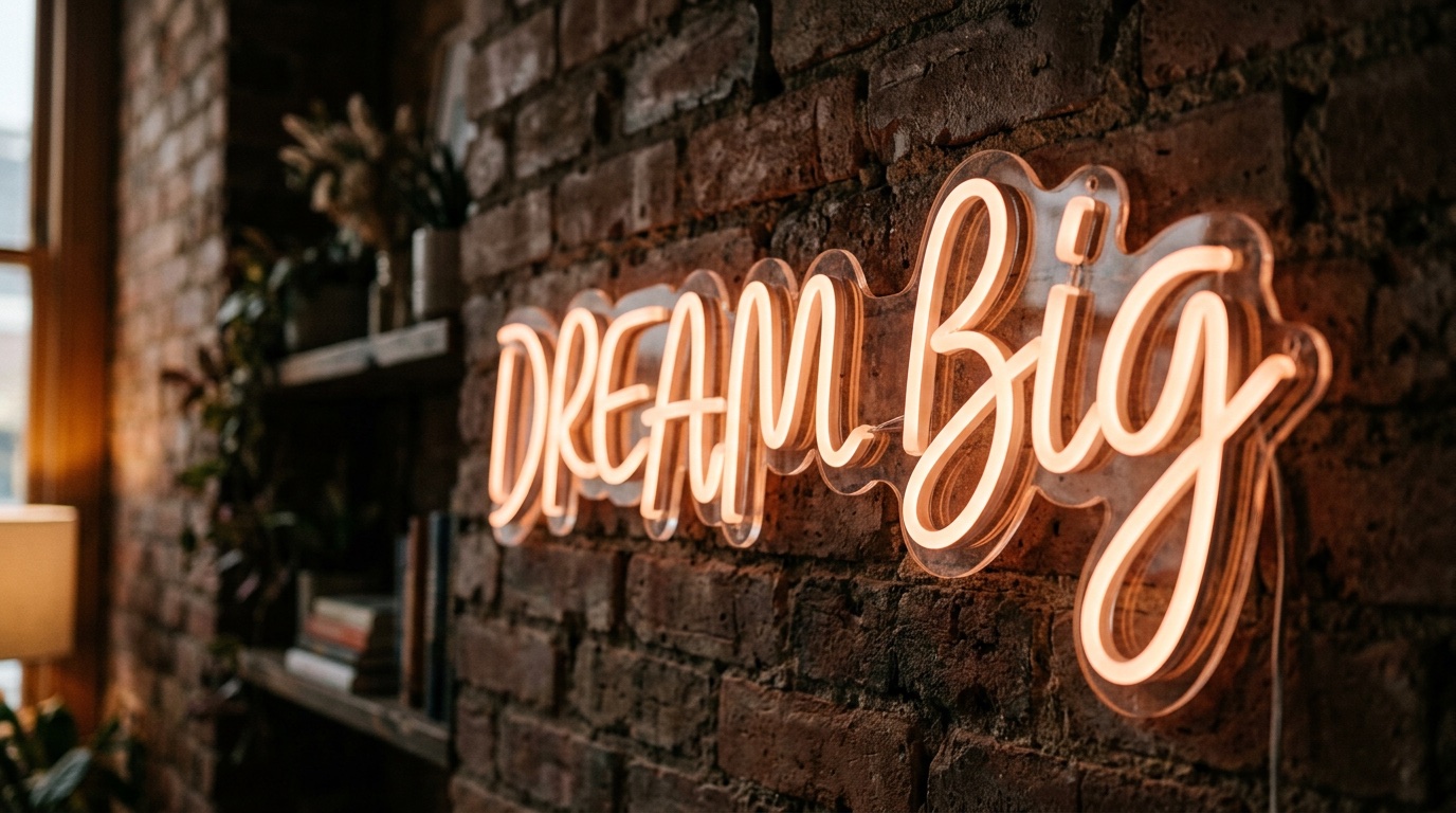 Close-up of an LED neon motivational quote sign glowing warmly against a textured wall