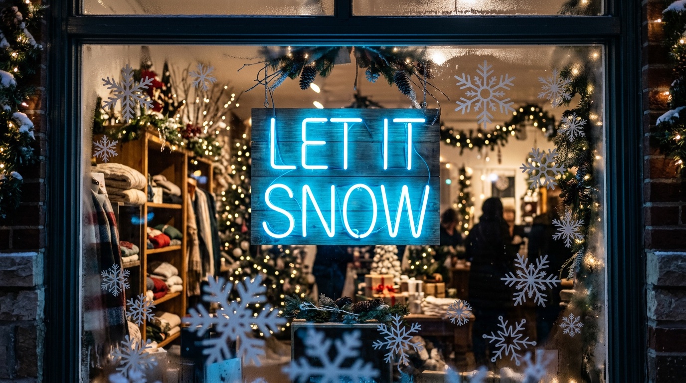 Close-up of a cool blue LED neon sign glowing inside a boutique window with winter decor