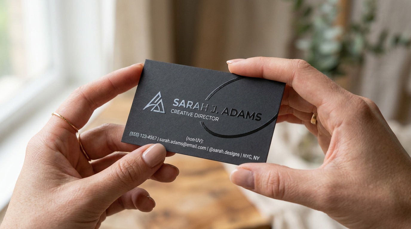 Business card with spot UV coating catching the light showing the raised gloss against a matte surface