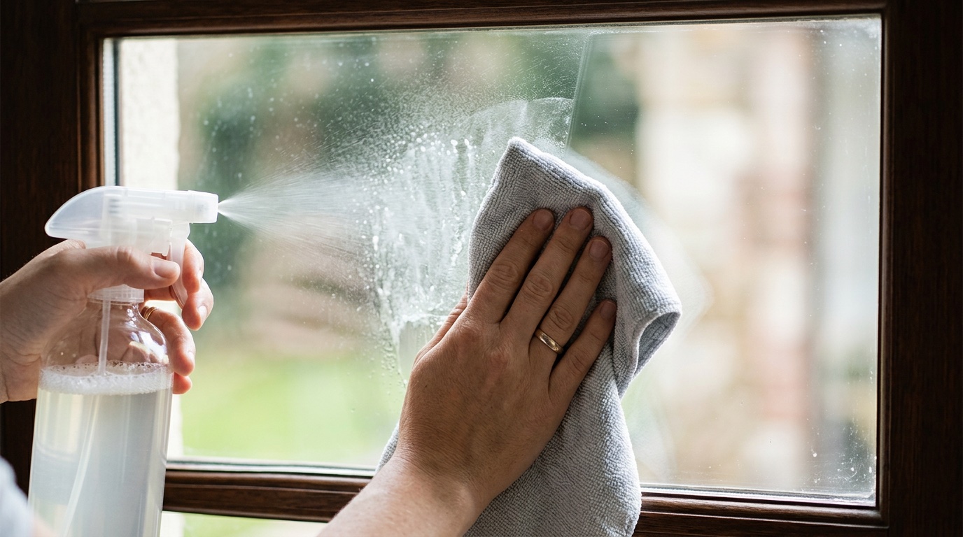 Spraying adhesive-residue cleaner and wiping with a soft cloth to leave the glass perfectly clean