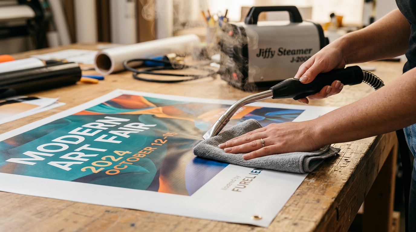 Hand using a soft cloth and gentle steam to smooth a wrinkle on a printed vinyl banner