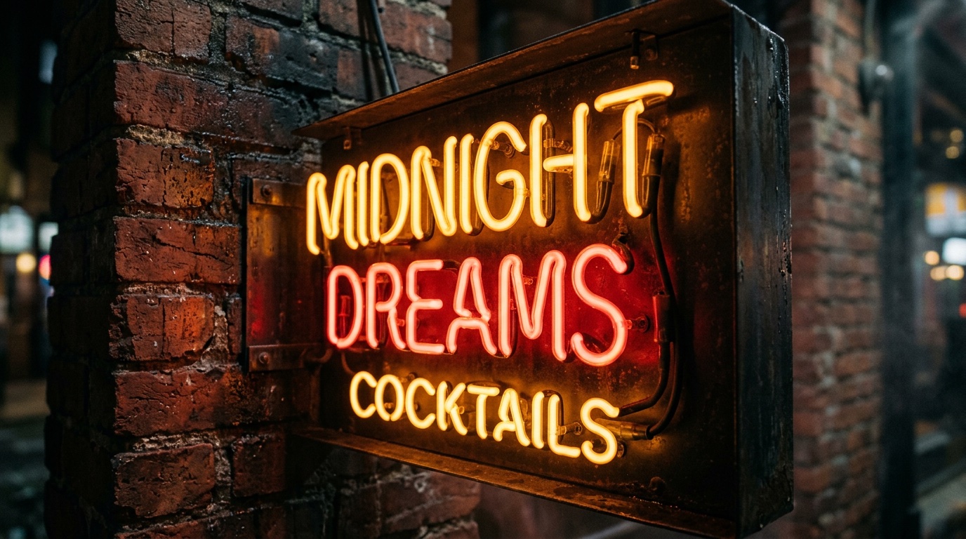 Close-up of a vintage-style glass-tube neon sign with retro typography glowing amber and red on a brick wall