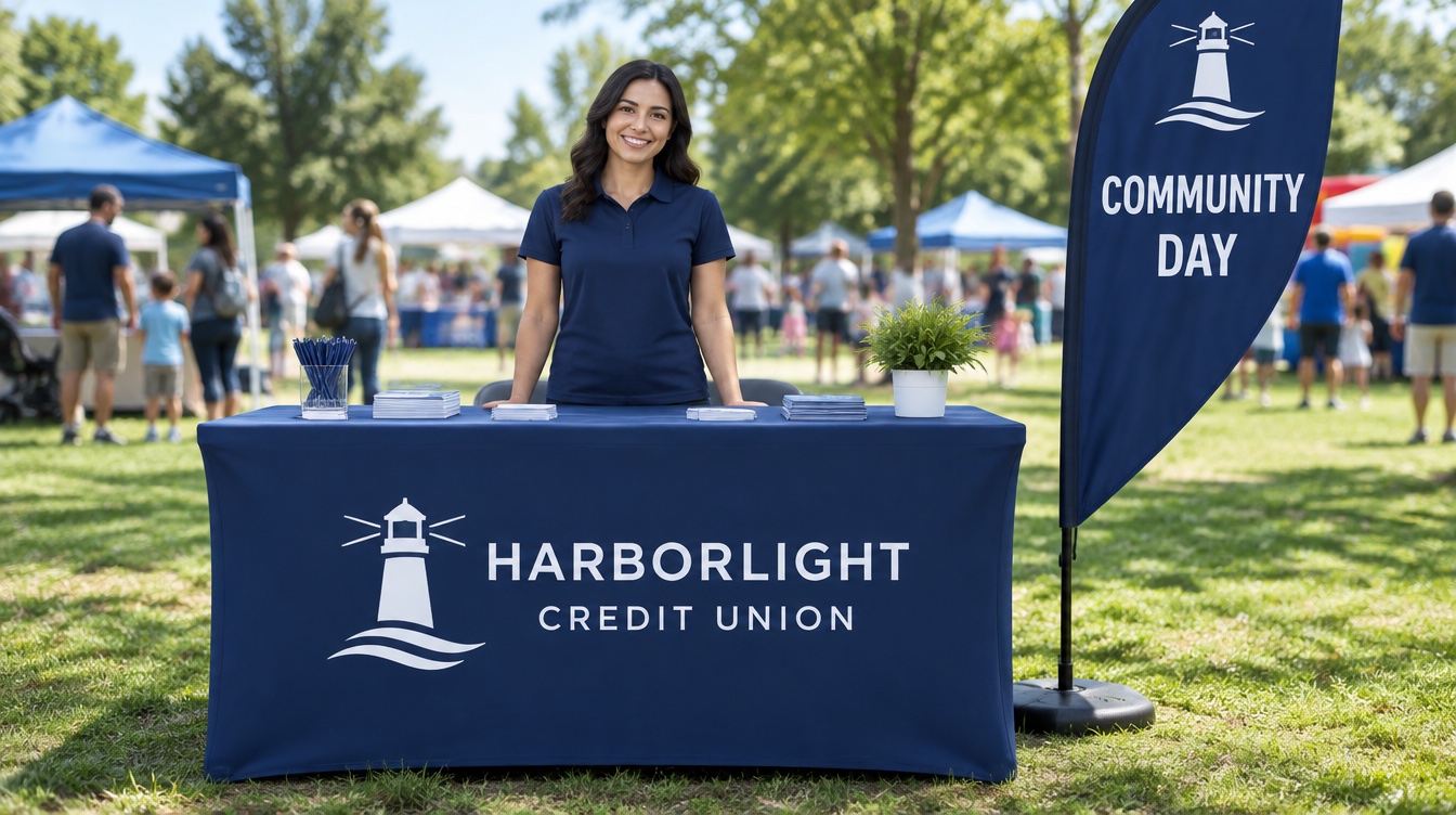 A staffer at a branded navy table cover with a feather flag at an outdoor community festival