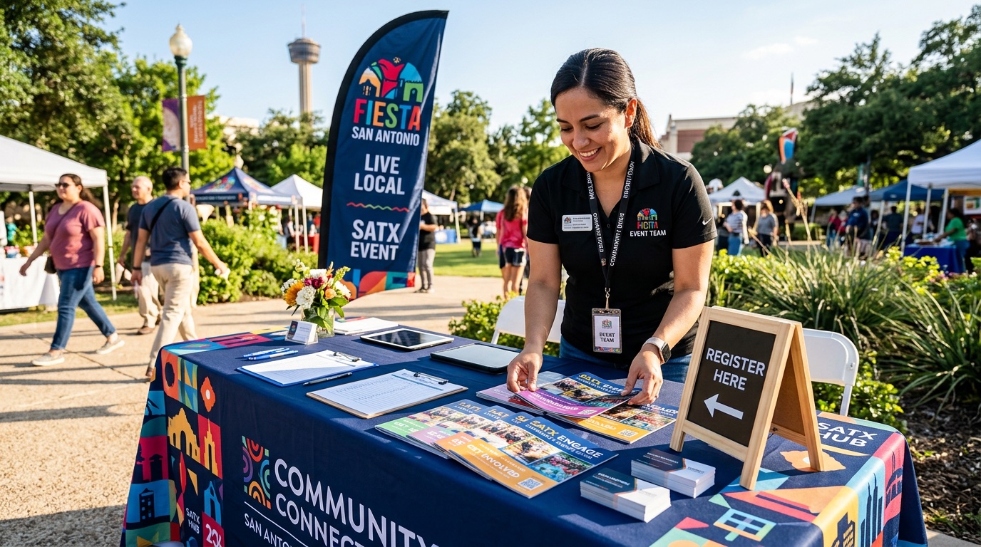 Event organizer setting up a registration table with brochures, business cards, and a feather flag in the background
