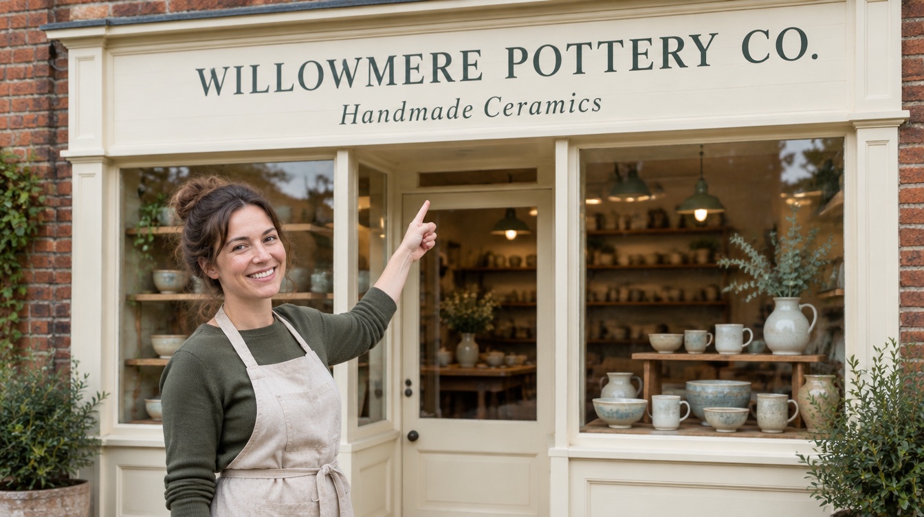 A smiling potter pointing up at the painted sign above her ceramics shop window