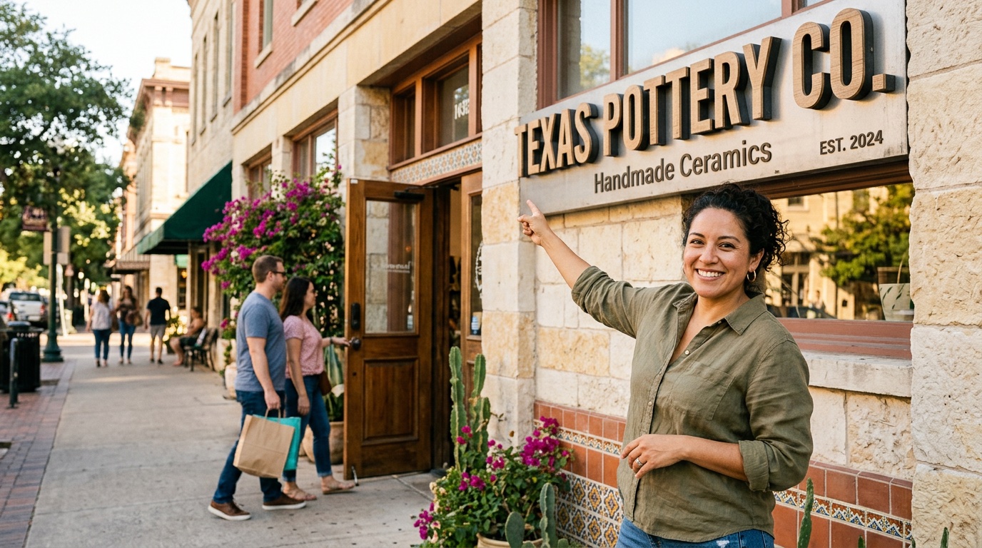 Small business owner pointing to her newly installed dimensional storefront sign with customers entering