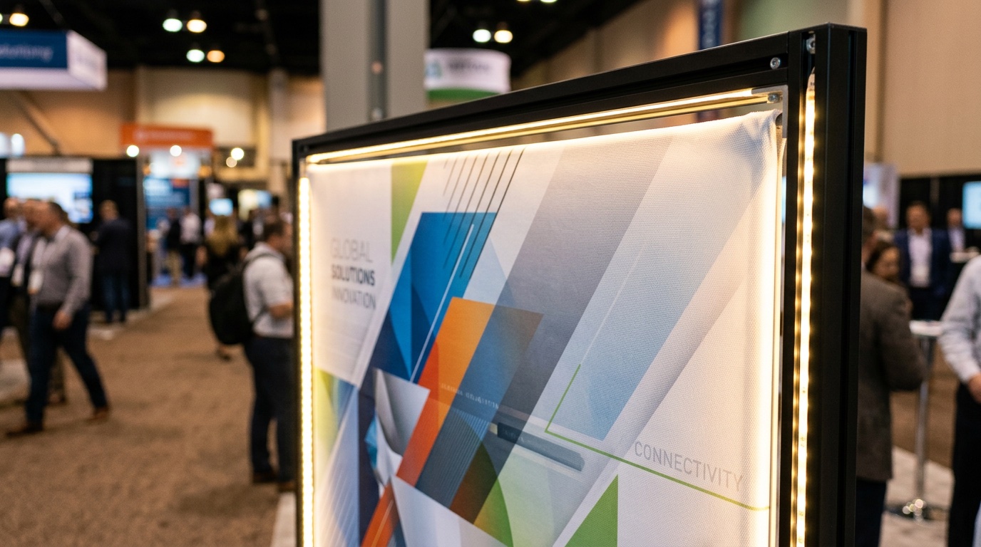 Close-up of a backlit LED-edge fabric trade show display showing the soft glow behind the printed graphic