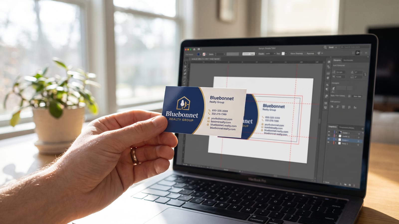 A hand holding a finished full color 3.5 x 2 inch business card in front of a laptop showing the same card layout with dashed bleed and safe zone guides