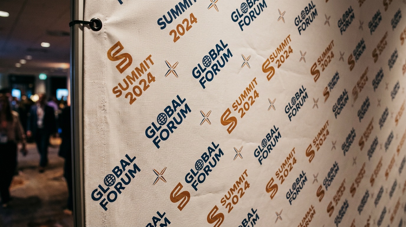 Close-up of a step-and-repeat backdrop showing the crisp repeating pattern and substrate texture