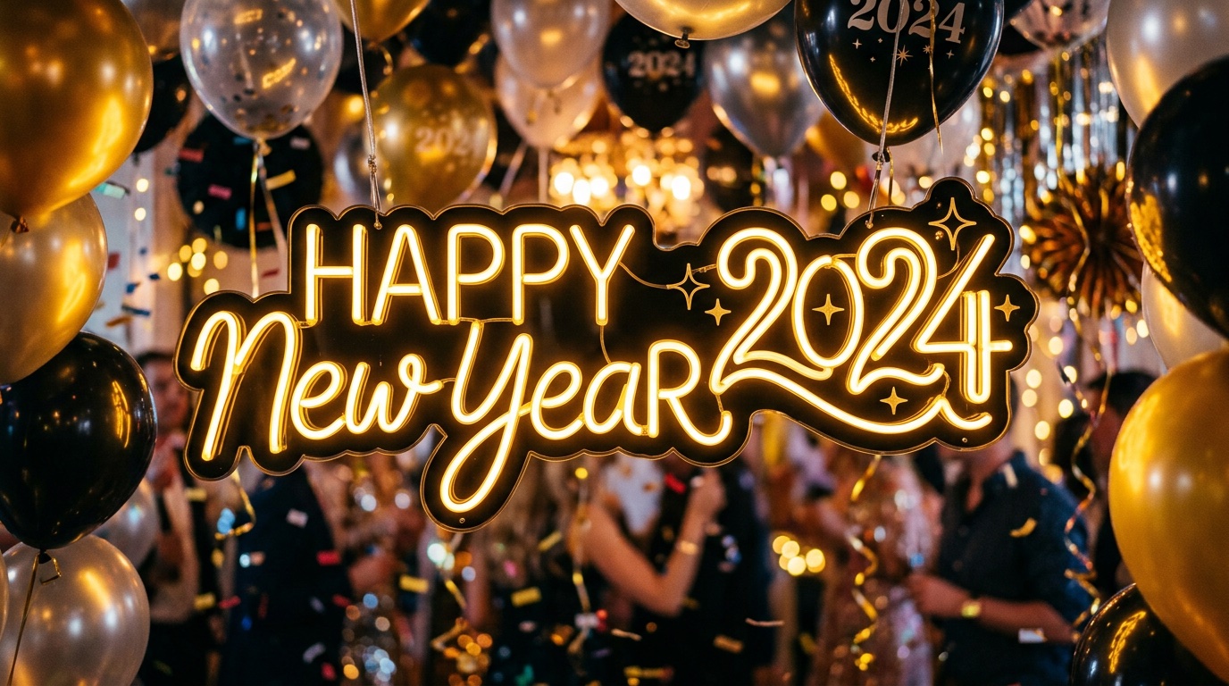 Close-up of a glowing custom LED neon NYE celebration sign with party balloons and decor in the background